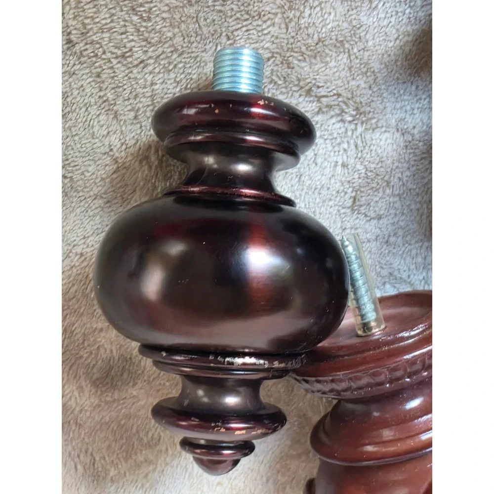 4pc Decorative Curtain Rod Finials Lot Carved Wood Scroll & Dark Bronze Metal